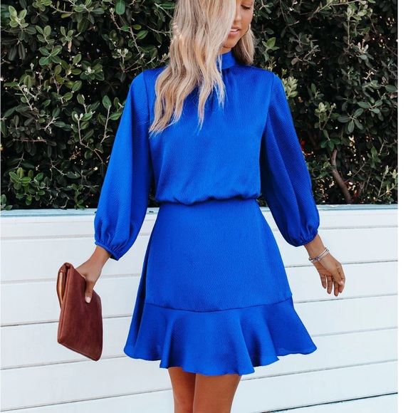 TEXTURED SATIN DRESS - ROYAL BLUE - Picture 6 of 12